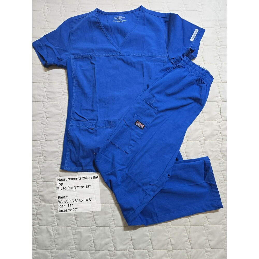 Cherokee Workwear Womens Royal Blue Nurse Scrubs Set V-Neck Top Pants XS EUC